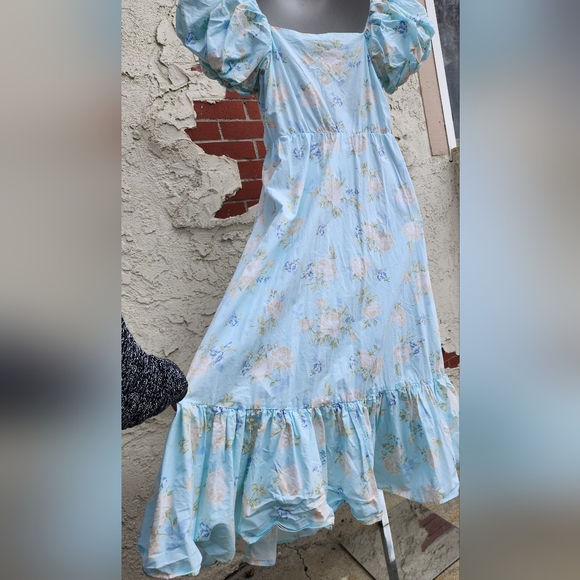 10 LoveShackFancy Estelle Floral Blue Puff Short Sleeve Midi Dress Target - Picture 9 of 16